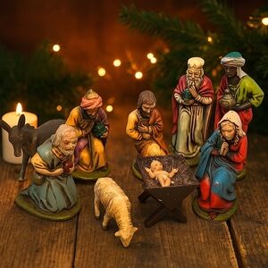 Vtg Nativity Set 9 Figurines Germany Christmas Jesus Mary Joseph Wise Men Lamb